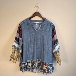 Coldwater Creek Womens PXL Blue Cotton Patchwork Boho Lace Tunic Top Mixed Media